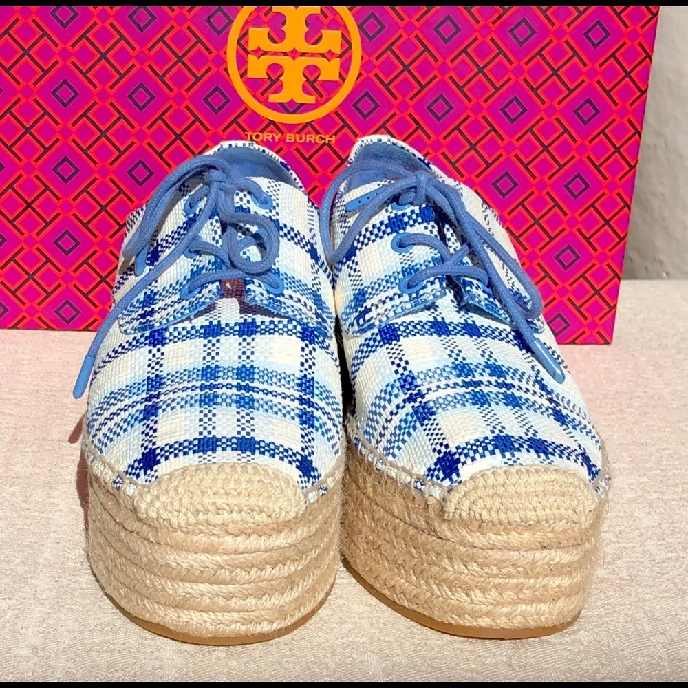 TORY BURCH Florence plaid platform espadrilles shoes size 9,5